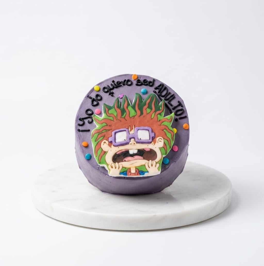 Lunch box cake individual morado con un personaje de Rugrats dibujado a mano