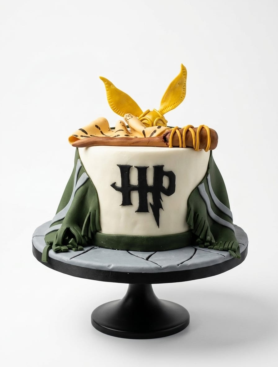 Torta temática de Harry Potter con capa de fondant, varita y snitch dorada